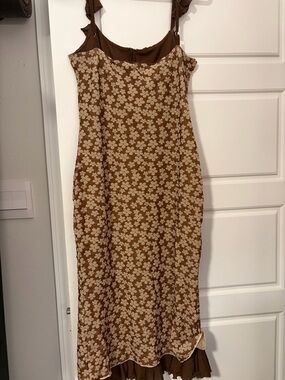 Commense Brown and Cream Floral Midi Slip Dress